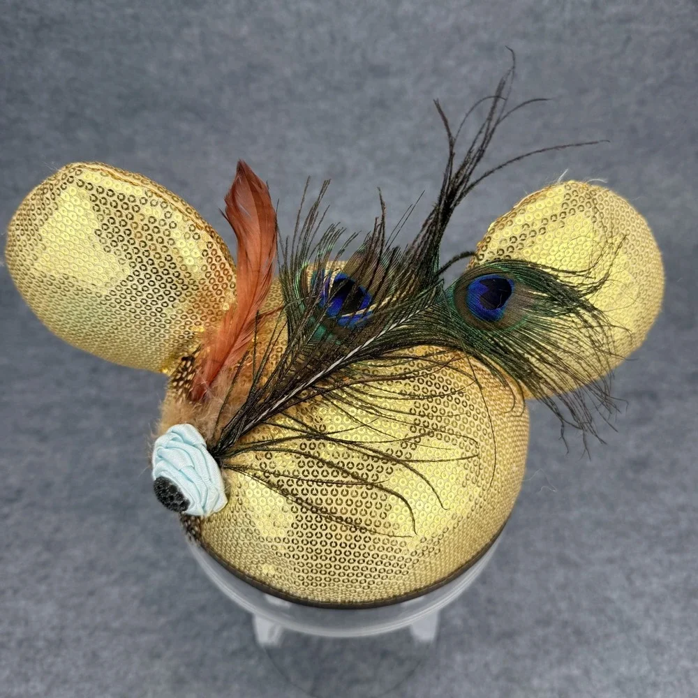 Disney Parks Minnie Mouse Gold Sequin Ears Peacock Feather Headband One Size